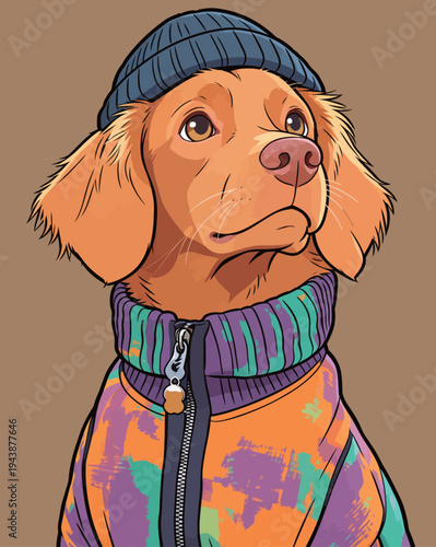 A dog wearing a colorful sweater and a beanie looks up with a curious expression. The background is plain and brown.