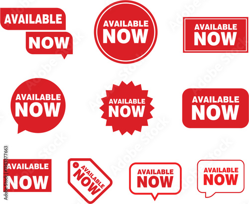 Set of available now label badge seal available now