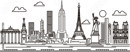 Outline landmarks skyline black and white