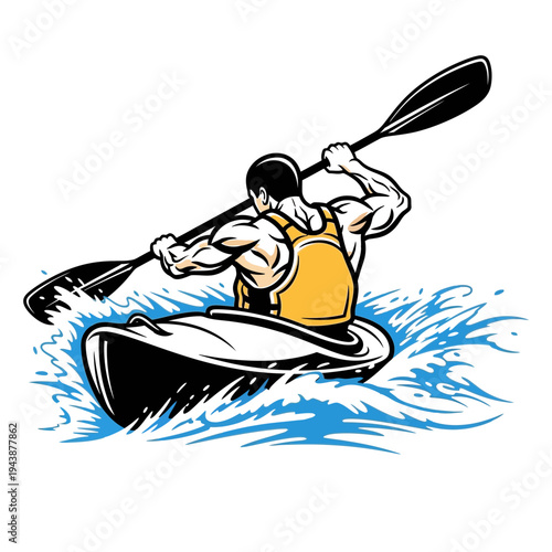 Muscular man in yellow life vest paddling kayak through blue water splashes back view vector