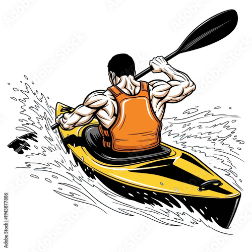 Professional rower in orange safety vest navigating yellow kayak through fast river current