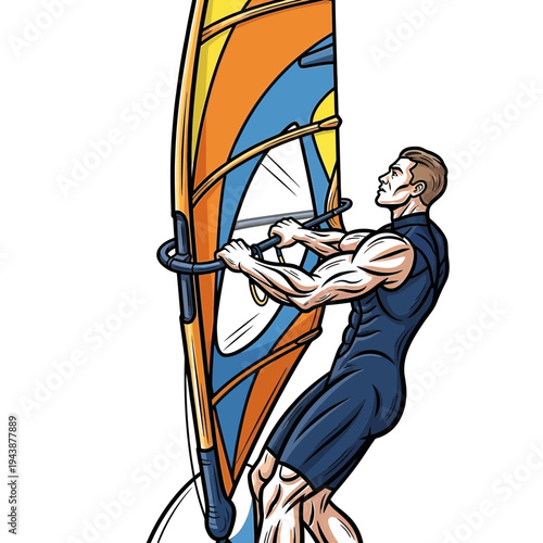 Close up profile of muscular man windsurfing with colorful orange and blue sail vector design