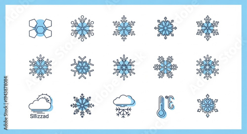 Collection of Various Blue Snowflake Icons for Winter Design.