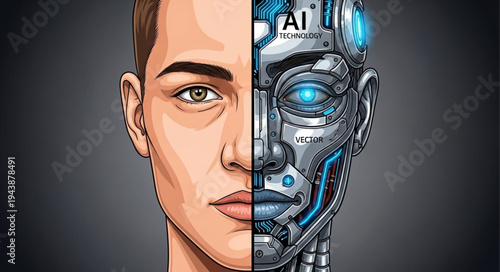 Split Image of Human Face and Robotic Face.
