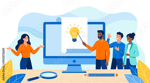 Creative Business People Collaborating on a New Idea and Project Innovation Concept Around Computer Screen Vector Illustration