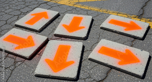 Multiple Directional Arrow Signs on Pavement for Traffic Guidance.