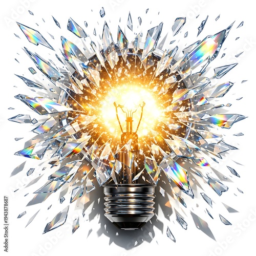 Exploding Lightbulb Idea Concept Glass Shatter Bright Light Breakthrough Innovation Creative Thinking White Background