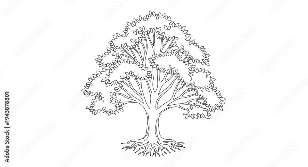 Obraz premium Detailed Illustration of a Large Tree with Extensive Branches and Foliage.