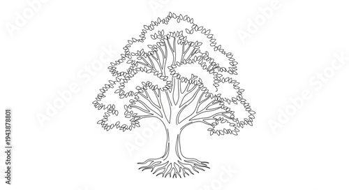 Detailed Illustration of a Large Tree with Extensive Branches and Foliage.