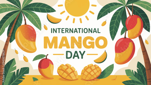 International mango day celebration with vibrant mangoes and palm trees on sunny background