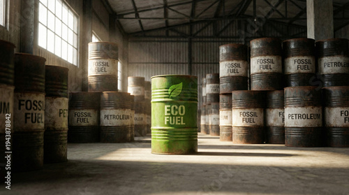Green Eco Fuel Barrel Surrounded by Industrial Containers in Abandoned Warehouse