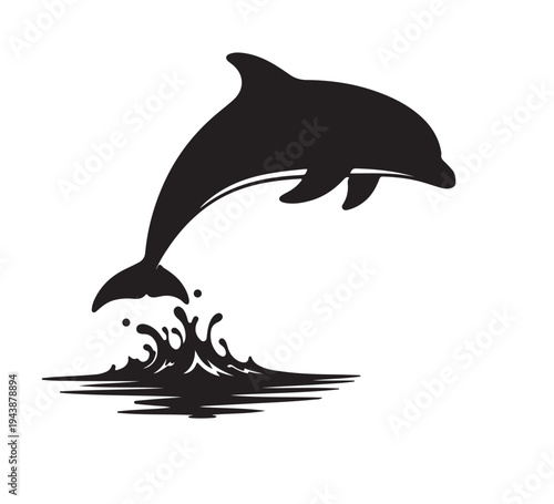Dynamic silhouette of a majestic dolphin leaping gracefully from the ocean waves, capturing a moment of powerful aquatic movement and freedom with a stylized splash