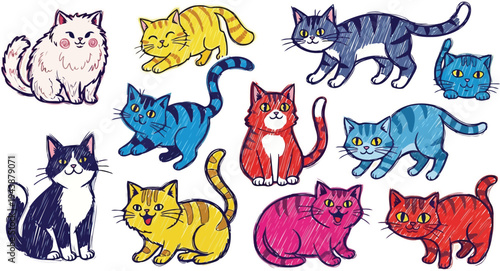 Colorful hand drawn sketch style cat sticker vectors