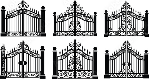 Decorative wrought iron gates with pillars, black silhouette collection, elegant vintage entrance designs, classic metal fences, ornamental gate vector set.