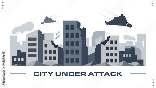 Urban Illustration of a City in Ruins with Cracked and Damaged Buildings, Explosion, Drones, Missiles and War Ruins