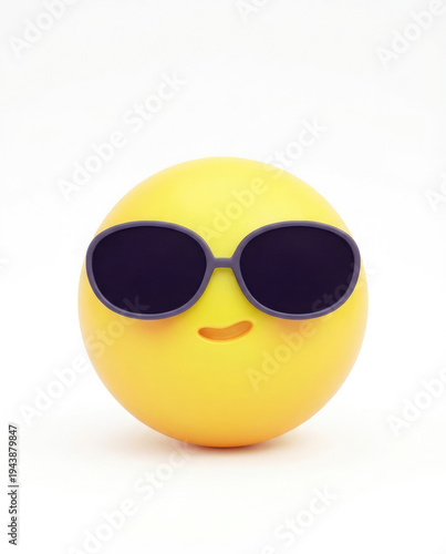 A cheerful yellow emoji wearing sunglasses on a plain white background