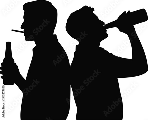 Men drinking beer and smoking cigarette silhouettes, alcohol addiction lifestyle concept, people with bottle vector illustration isolated