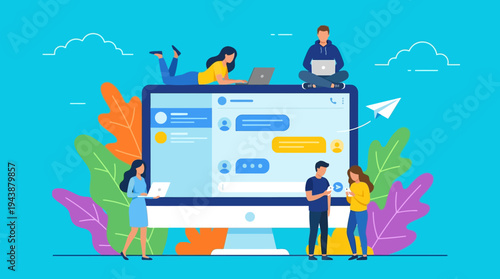Team of People Communicating via Online Chat and Instant Messaging Apps on Desktop Monitor and Mobile Devices Illustration