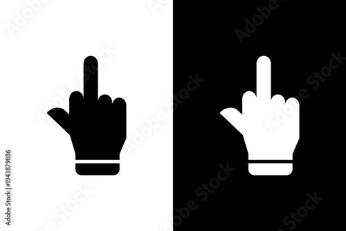 middle fiinger down hand gesture icon, black and wahite concept flat outline vector design