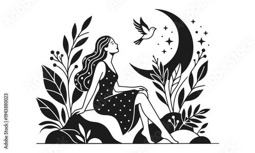 Woman sitting under crescent moon surrounded by plants and bird in minimalist black illustration. Crescent moon, night scene, woman silhouette, peaceful nature, moonlight concept