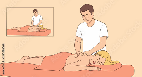 Professional male masseur giving a relaxing back massage to a young blonde woman lying face down on a spa bed, with a smaller inset showing the same scene