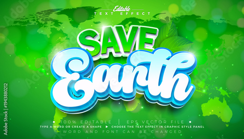 Earth Day Text Effect Design Editable Vector Graphic Style with Natural Leaf and 3D Typography Lettering on Green World Map Background. April 22 Environmental and Eco Concept Design for Banner