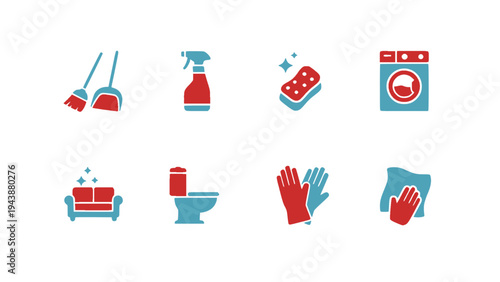 Collection of household cleaning icons including broom, spray, washing machine, toilet, gloves, and home cleaning tools.