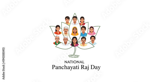 Illustration of diverse people celebrating National Panchayati Raj Day with a design element on a white background, symbolizing rural governance and democracy in India.