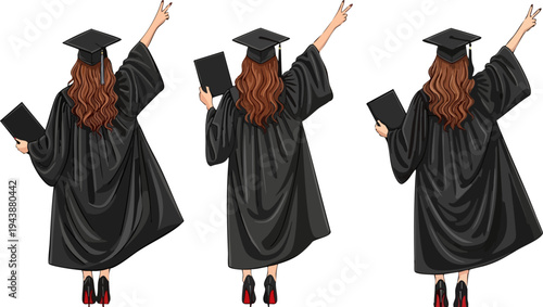 Set of 3 vector illustrations of graduating women with long brown hair, wearing black academic gowns and caps, holding diplomas and making victory signs, viewed from behind