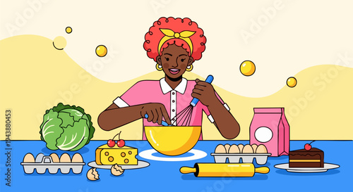Happy African American Woman Baking Cake with Whisk and Bowl, Surrounded by Ingredients like Eggs, Cabbage, Cheese, and Chocolate Cake on a Blue Table with Yellow Background Vector Illustration