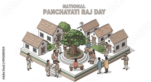 Illustration of people engaging in rural governance and community development on National Panchayati Raj Day in a village setting with houses and a tree.