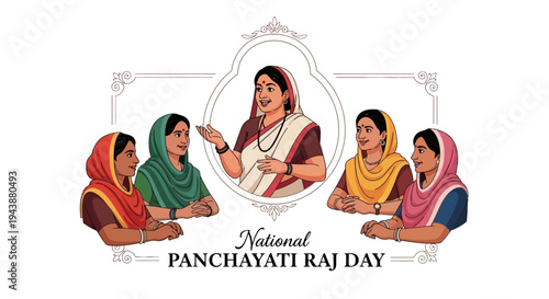 Illustration of women in traditional Indian attire celebrating National Panchayati Raj Day with a central female figure speaking, surrounded by others in a decorative frame on a white