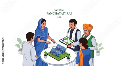 Illustration of people in rural India discussing governance and development on National Panchayati Raj Day with a table and documents.