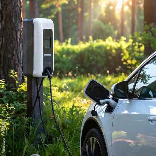 Electric car charging station in forest