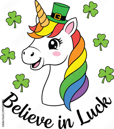 Cute St. Patrick's Day Unicorn with Rainbow Mane, Golden Horn, Green Leprechaun Hat, and Shamrocks Vector Illustration for Festive Designs