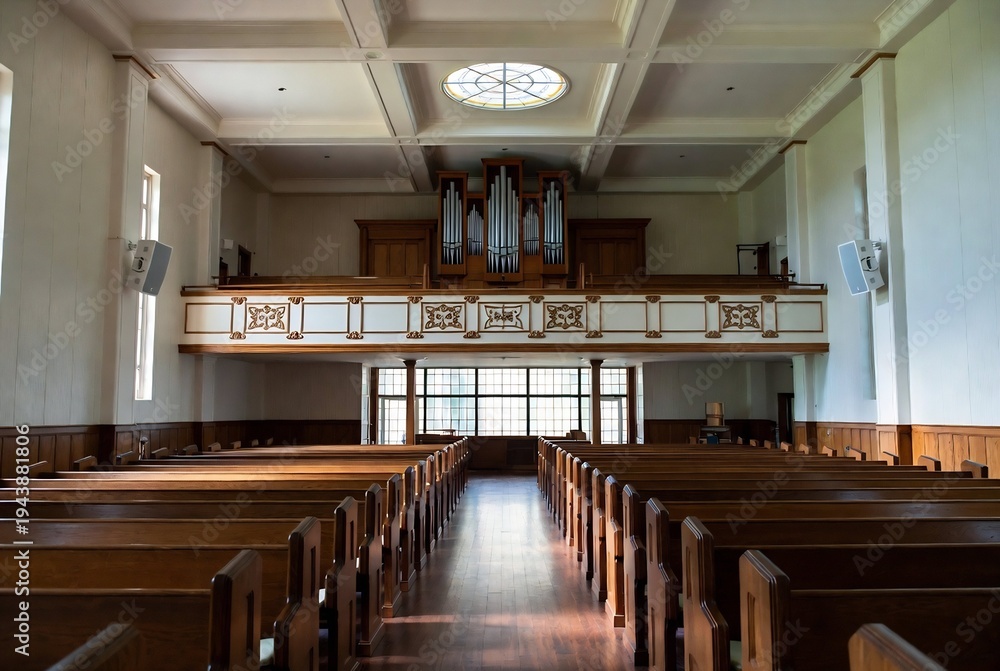 Naklejka premium A church interior with pews, an organ, and a balcony.