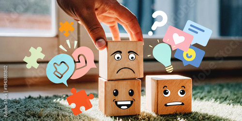 Emotional intelligence concept with hands holding wooden blocks that show facial expressions and various social icons representing emotions