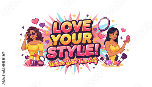 A colorful illustration of women loving their style with makeup and accessories