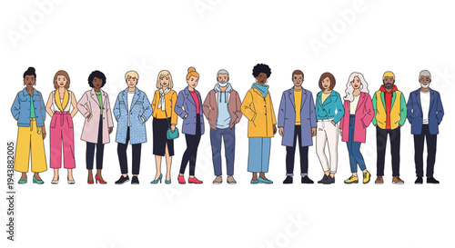 Diverse Group of Modern People Standing Together Representing a Multicultural Community with Varied Ages, Genders, and Contemporary Styles