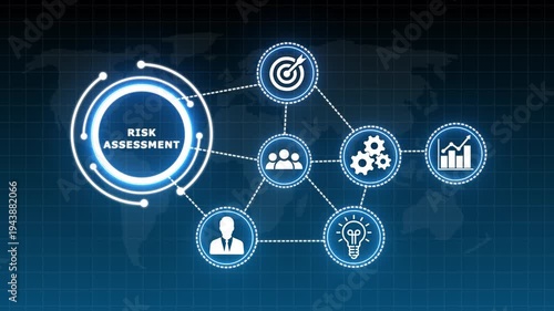 RISK ASSESSMENT Business Strategy Concept with Global Network and Icons, business Concept Network Diagram with Icons on World Map Background,Business, Technology, Internet and network concept .4k