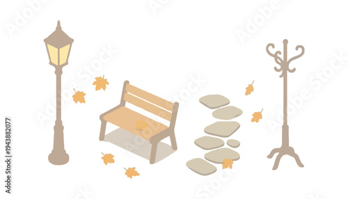 A wooden bench and lamp post with stones and coat rack in autumn