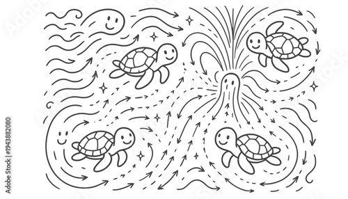 Turtle vector illustration of cartoon sea turtles swimming in ocean currents