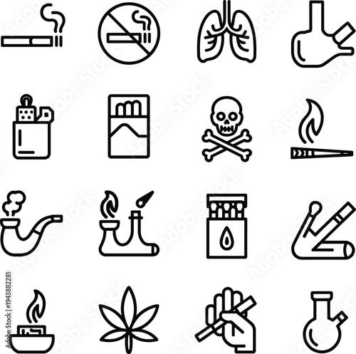 Smoking, drugs and addiction line icons set with cigarette, marijuana, lighter, bong, poison and prohibition symbol vector