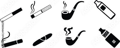 Smoking icons set with cigarette, cigar, tobacco pipe and vape device silhouette vector illustration collection isolated