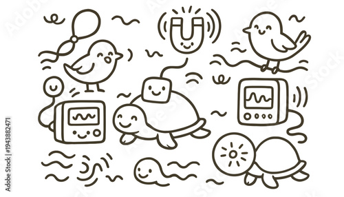 Magnet cartoon illustration with happy animals and objects around it