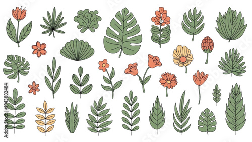 Vibrant tropical plants and flowers are illustrated in a colorful display.