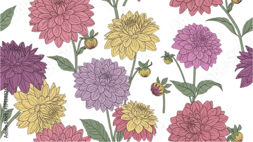 A colorful floral pattern featuring various flowers and leaves on a white background
