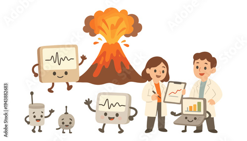 A cartoon computer robot and scientist team standing near a volcano eruption