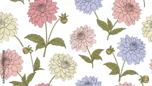 Colorful dahlias and leaves are illustrated on a white background