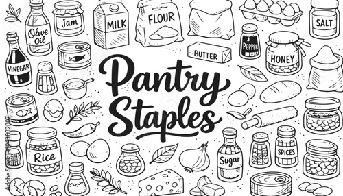 Pantry staples illustration with various food items and kitchen essentials